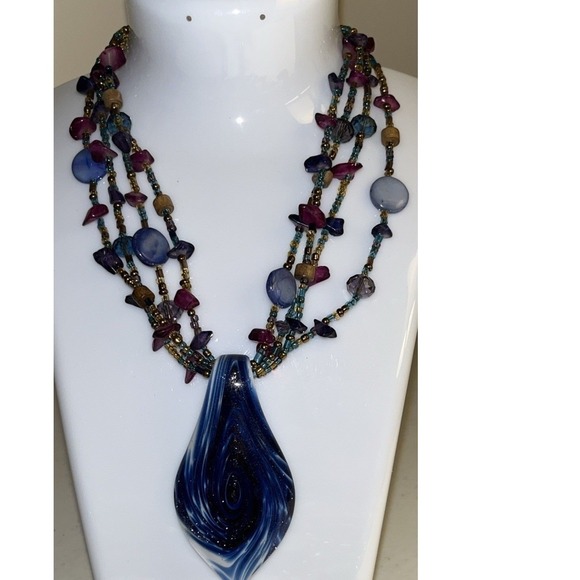 Jewelry - Vintage CG Necklace Stunning Blue Glass Pendant Multi Strand Beads Boho Artsy